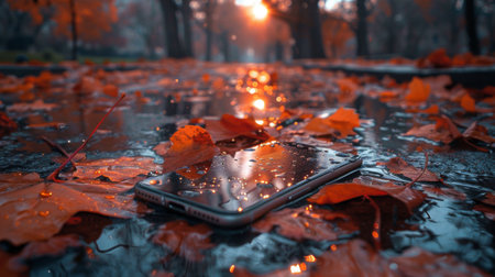 Smartphone in Rainy Autumn Park with Fallen Leaves - Serene Evening Backgroundの素材