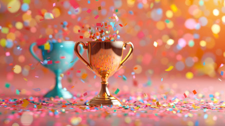 Golden and Blue Trophies with Colorful Confetti Celebrating Successの素材