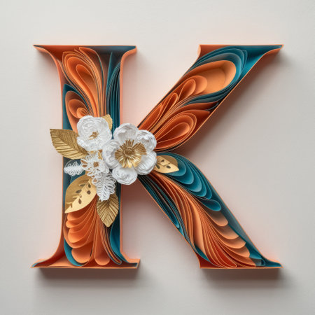 Letter K Embellished with Floral Designs, Elegant Paper Quilling Artの素材