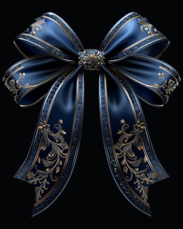 Elegant Dark Blue Satin Ribbon Bow with Gold Floral Accents on Black Backgroundの素材
