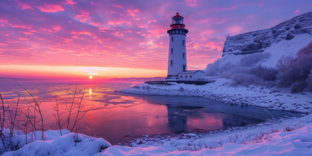 Winter Sunrise at Lighthouse with Snow Covered Landscape and Frozen Seaの素材