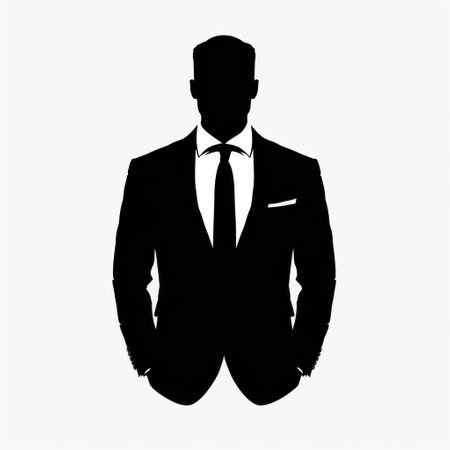 Silhouette of a Businessman in a Suit with Hands in Pockets on White Backgroundの素材