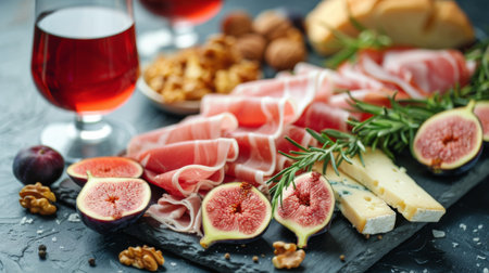 Gourmet Charcuterie Board with Prosciutto, Figs, Cheese, and Walnuts Paired with Red Wineの素材