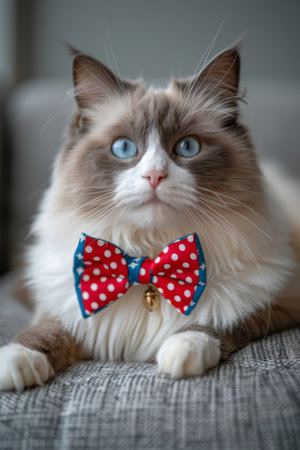 Charming Ragdoll Cat with Blue Eyes and Polka Dot Bow Tie Posing on Sofaの素材