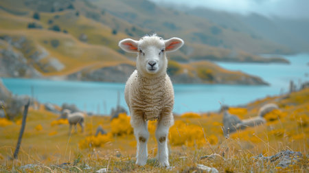 Adorable White Lamb Grazing by Serene Lakeside in Lush Countryside Landscapeの素材