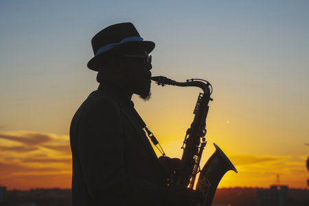 Silhouette of Saxophonist Playing at Sunset with Skyline Background.の素材