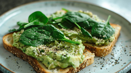 Healthy Avocado Toast with Spinach and Seeds on Grain Bread for Breakfast.の素材