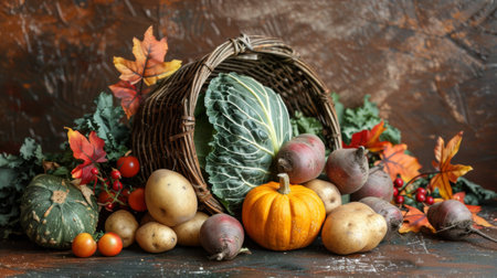 Autumn Harvest Still Life with Basket, Pumpkin, Vegetables, and Autumn Leaves.の素材