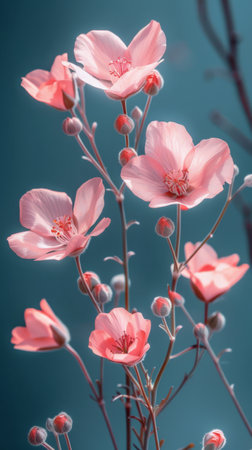 Elegant Pink Flowers Against a Soft Blue Background in Bloom.の素材