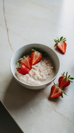 Fresh Strawberry Topped Oatmeal in a White Bowl on Marble Countertop.の素材