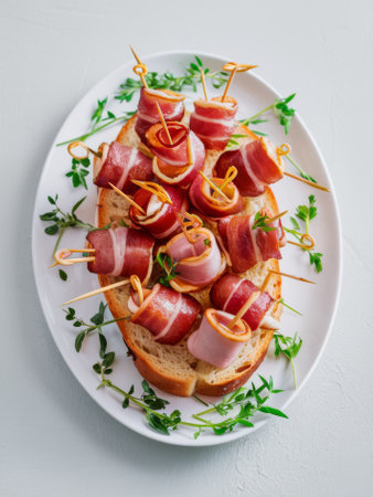 Delicious Bacon-Wrapped Appetizer with Black Olives on Rustic Bread Garnished with Fresh Rosemary.の素材