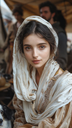 Young Woman with Freckles in Traditional Clothing and Shawl at Rustic Market.の素材