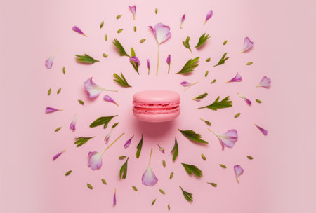 Pink Macaron with Flower Petals Arranged in Circular Pattern on Pastel Background.の素材