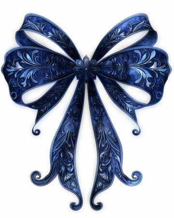 Intricate Blue Ribbon Bow with Ornate Floral Design on White Background.の素材