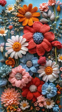 Handmade Colorful Crochet Flowers on Blue Background - Vibrant Textile Art.の素材