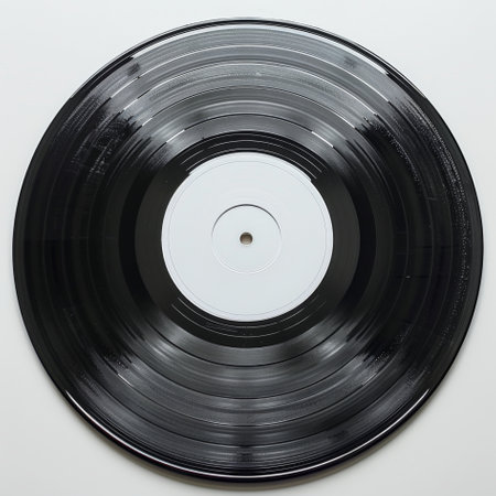 Vintage Vinyl Record on White Background - Classic Black LP with Grooves.の素材