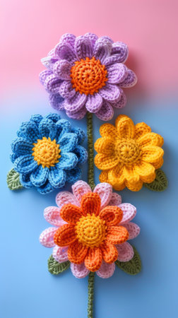 Colorful Crochet Flowers on Pastel Background - Handmade Yarn Artの素材