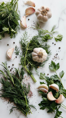 Fresh Herbs and Garlic on Marble Surface Featuring Rosemary and Parsley for Culinary and Food Photographyの素材