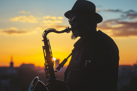 Silhouette of a Saxophonist Playing at Sunset with a City Skyline in the Backgroundの素材