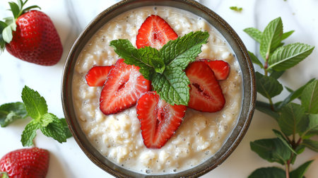 Delicious Creamy Rice Pudding with Fresh Strawberries and Mint Garnish for Breakfast or Dessertの素材
