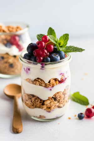 Healthy Yogurt Parfait with Fresh Berries, Granola, and Mint Leaves in a Glass Jarの素材