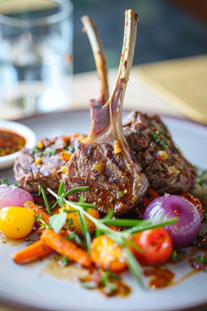 Delicious Grilled Lamb Chops with Fresh Vegetables on a White Plateの素材