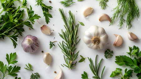 Fresh Culinary Herbs and Spices on Marble Surface with Garlic and Pepperの素材