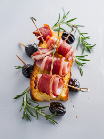 Delicious Bacon-Wrapped Appetizer with Black Olives on Rustic Bread Garnished with Fresh Rosemaryの素材