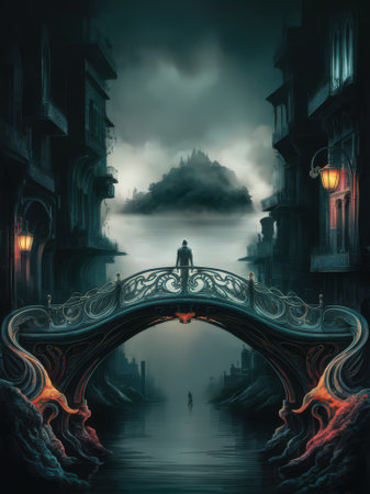 Mystical Night Scene with Ornate Bridge and Mysterious Island in Backgroundの素材