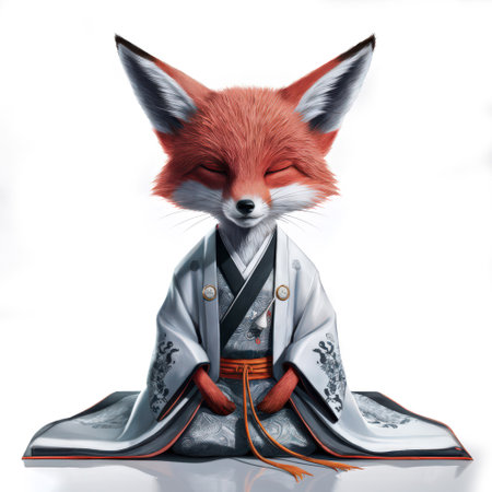 Meditating Fox in Traditional Japanese Kimono on White Backgroundの素材