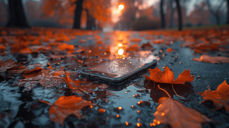 Smartphone in Rainy Autumn Park with Fallen Leaves - Serene Evening Backgroundの素材