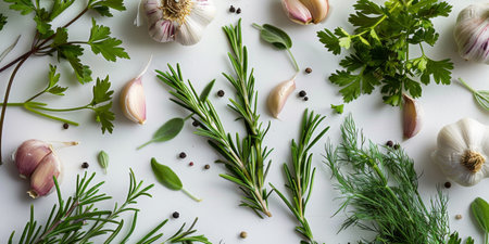 Fresh Culinary Herbs and Garlic Cloves on White Background with Peppercornsの素材