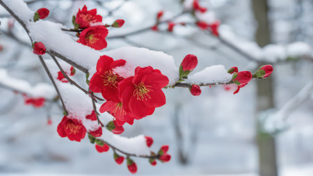 Snow-Covered Red Flowers Blossoming on Tree Branches in Winter Wonderlandの素材