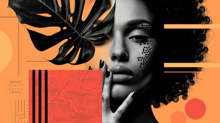 Abstract Portrait of a Woman with Afro, Monstera Leaf, Geometric Shapes, and Artistic Makeupの素材