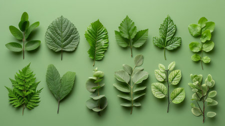Variety of Green Leaves on Green Background: Nature, Botany, Plant Diversity, Foliage, Leaf Patternの素材