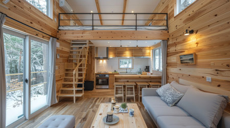 Cozy Modern Tiny House Interior with Loft in Wooden Cabin in Forest Winter Wonderlandの素材