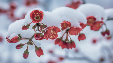Snow-Covered Red Flowers Blossoming on Tree Branches in Winter Snowの素材