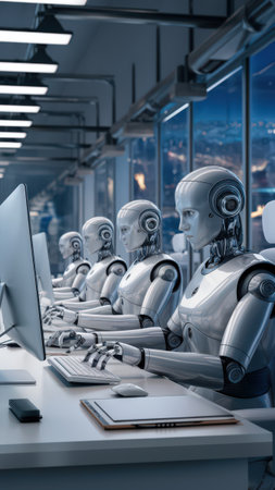 Futuristic Office with Robots Working on Computers in High-Tech Workspaceの素材