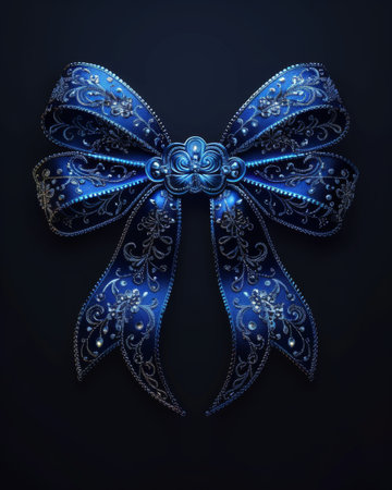 Elegant Blue Satin Ribbon Bow with Intricate Silver Embroidery on Dark Backgroundの素材