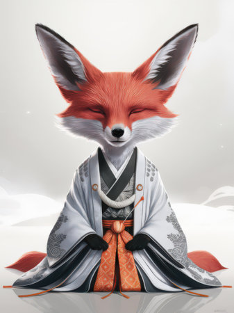 Meditating Fox in Traditional Japanese Clothing with Peaceful Expression - Fantasy Artの素材