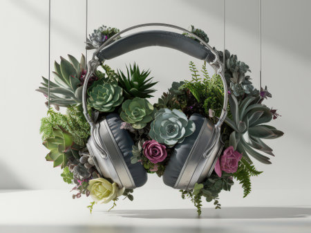 Modern Headphones Adorned with Succulent Plants for a Unique, Eco-Friendly Designの素材