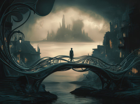 Mysterious Night Landscape with Bridge, Person on Bridge, Foggy River, Distant Island, Gothic Architectureの素材