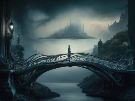 Mysterious Night Landscape with Bridge, Person on Bridge, Foggy River, Distant Island, Gothic Architectureの素材