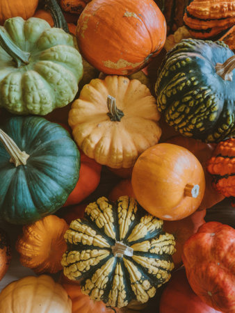 Colorful Assortment of Pumpkins and Gourds for Autumn Harvest and Fall Decorationの素材