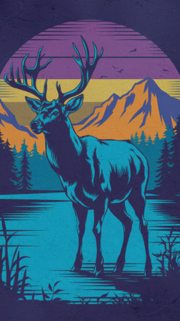 Vibrant Stylized Deer Illustration in Mountain Landscape at Sunsetの素材