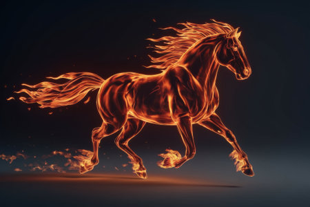 Fiery Galloping Horse with Glowing Flames on Black Backgroundの素材