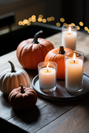 Cozy Autumn Scene with Pumpkins and Lit Candles on Wooden Tableの素材