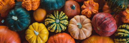 Vibrant Assorted Pumpkins and Gourds Display for Autumn Harvest and Halloweenの素材