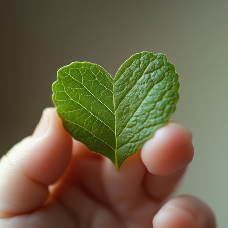 Hand Holding a Heart-Shaped Green Leaf, Symbol of Love and Nature, Eco-Friendly Conceptの素材