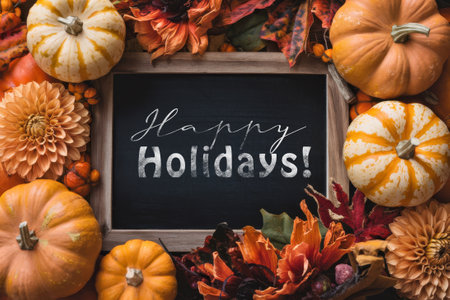 Happy Holidays Sign with Colorful Pumpkins and Fall Flowers on Rustic Wooden Backgroundの素材